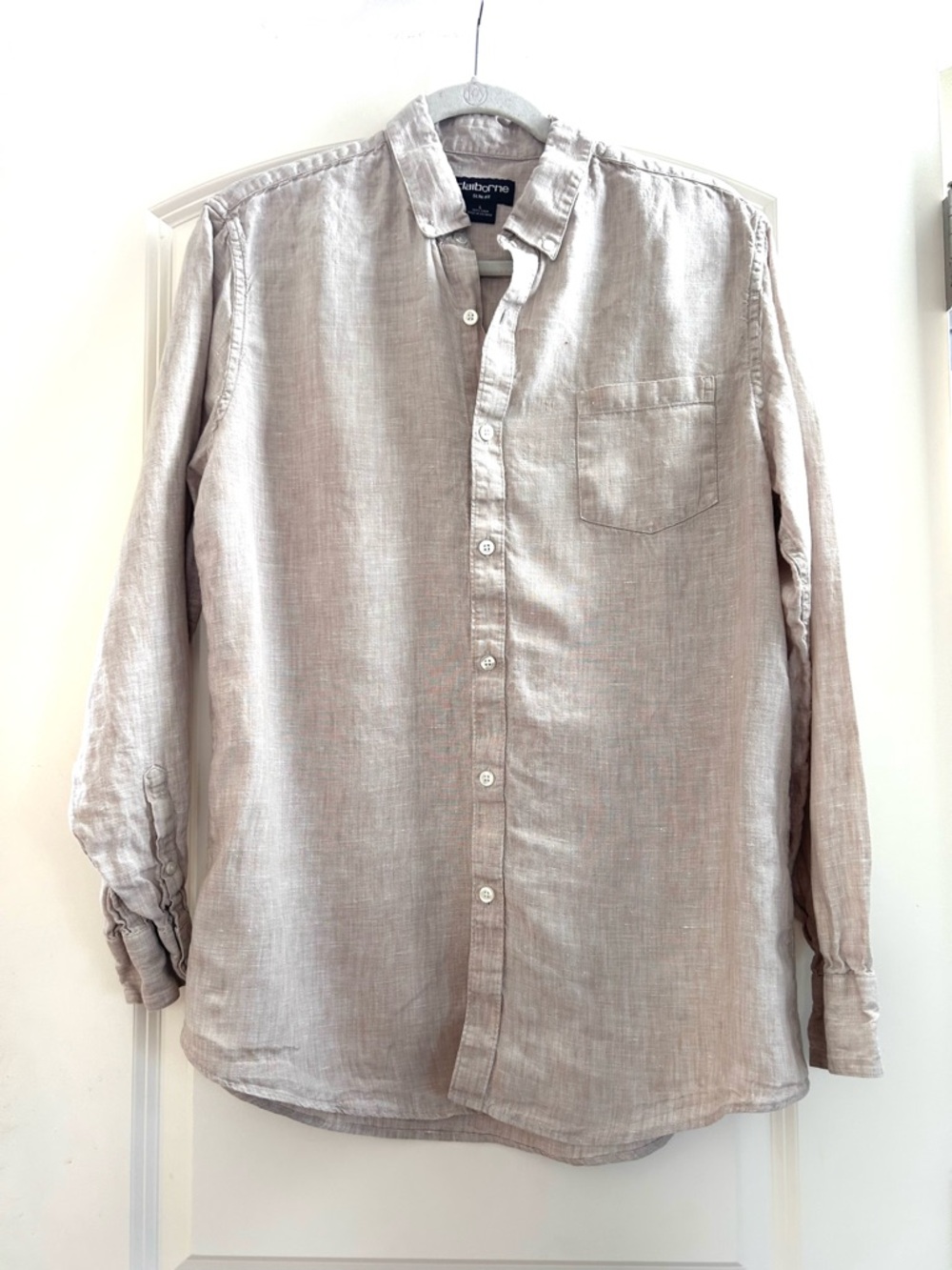 Claiborne Men’s 100% Linen Tan Button Down. Coastal. Beach. Natural materials